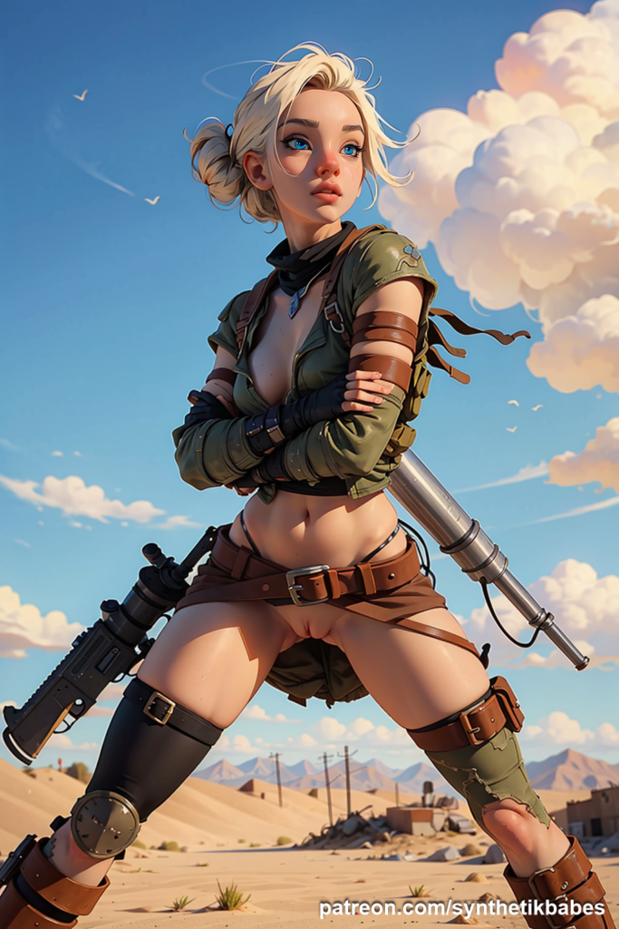 Disney-style blonde model in a rugged wasteland with a post-apocalyptic theme.