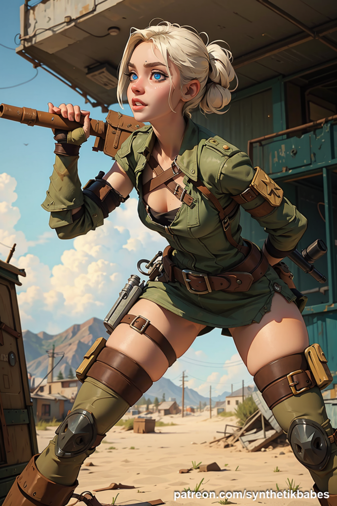 Blonde cartoon character surviving in a wasteland, blending elegance and resilience.