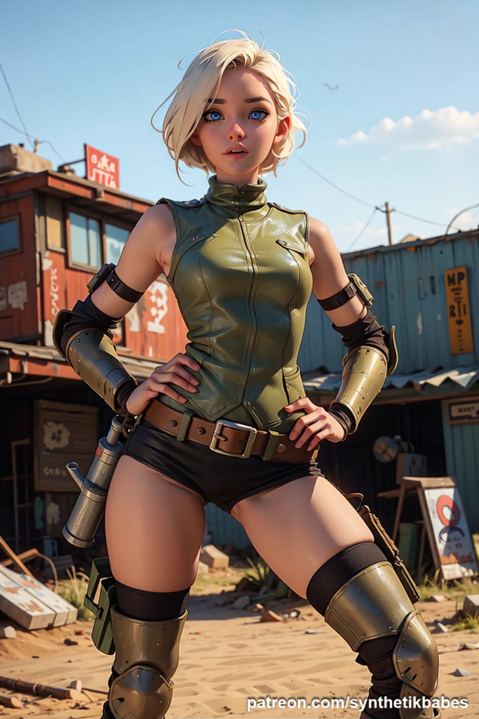 Post-apocalyptic cartoon babe with blonde hair in a gritty wasteland.