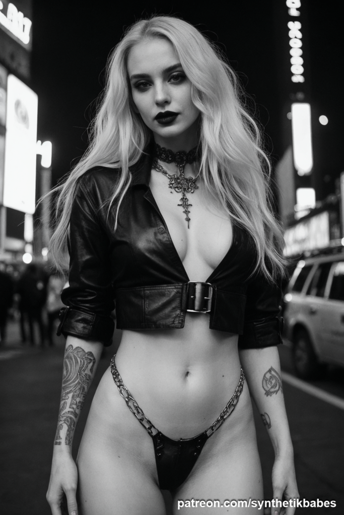Tattooed gothic model posing against the backdrop of New York streets.