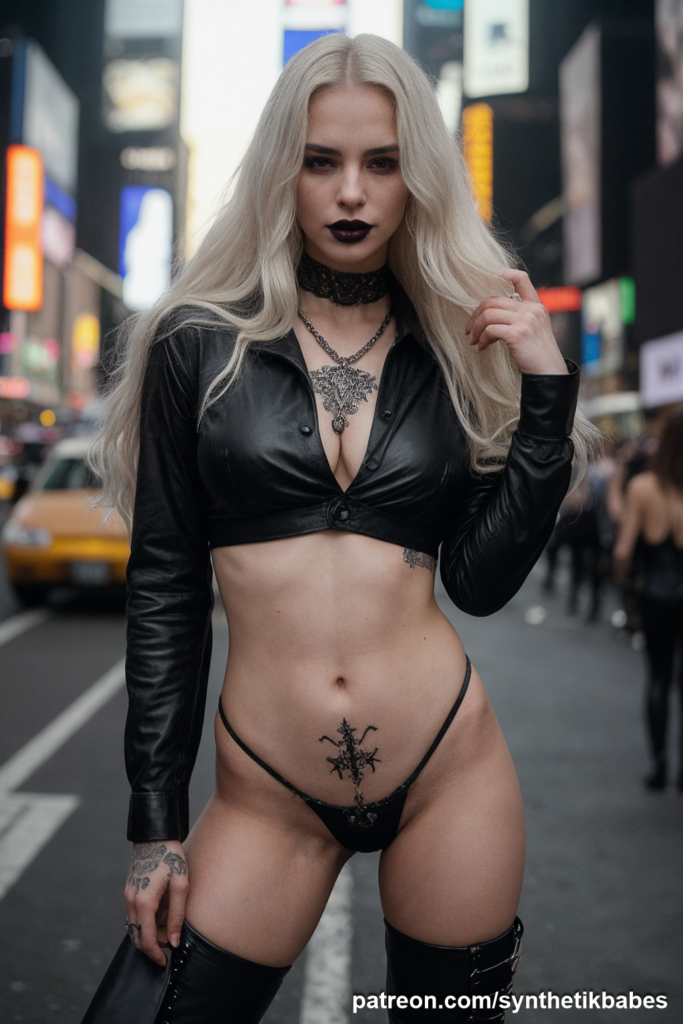 Gothic model in dark attire, posing in iconic New York locations.