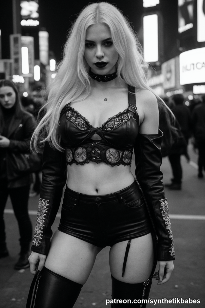 Blonde gothic model with tattoos in edgy New York City photoshoot.