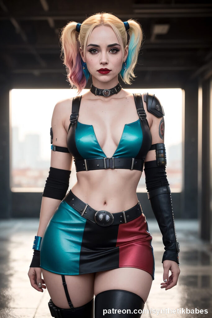 Harley Quinn cosplayer in her classic outfit, striking a bold pose.