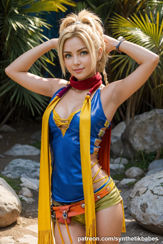 Detailed Rikku cosplay featuring accessories and vibrant colors.