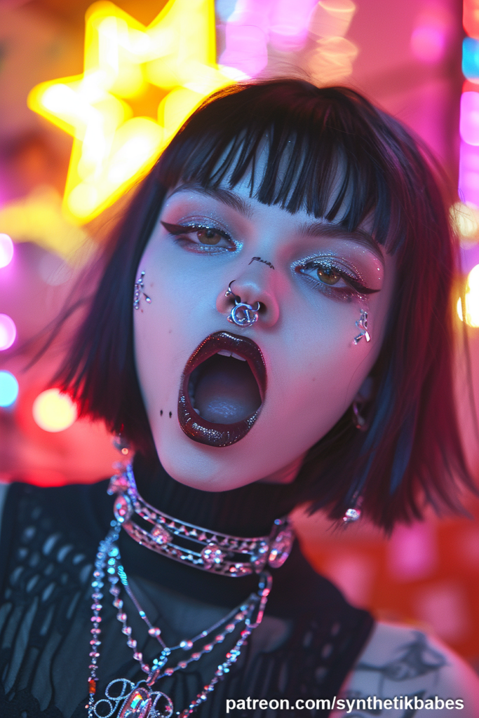 Bold portrait of a model surrounded by vibrant neon colors.