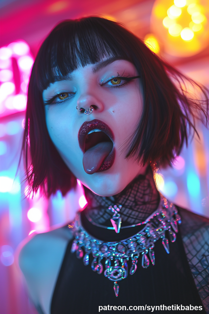 Model posing with glowing neon lights in an urban setting.