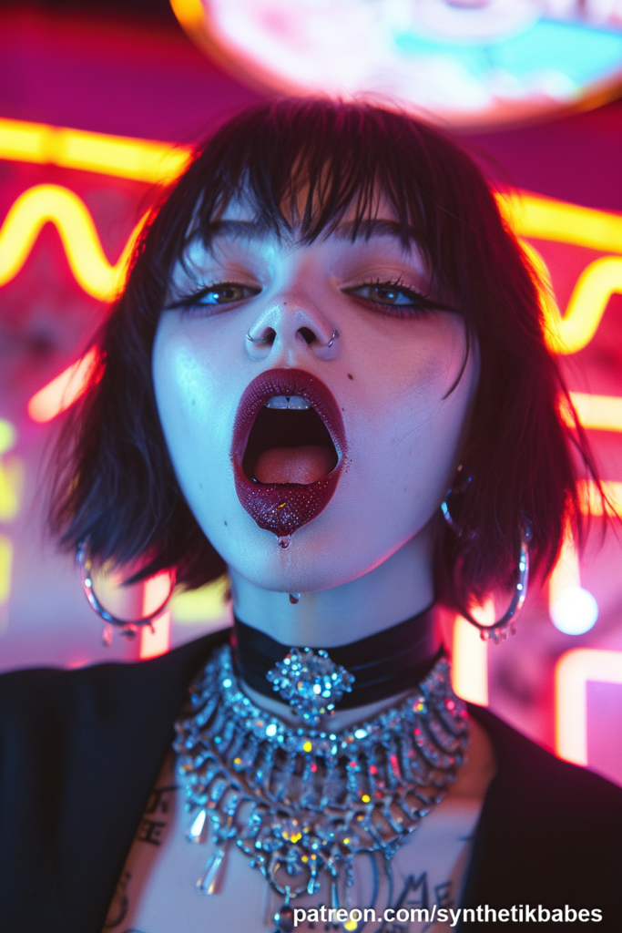 Futuristic portrait of a model in a neon-lit setting.