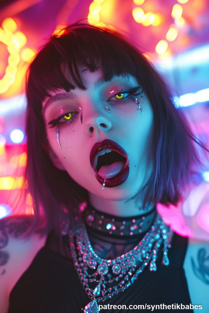 Close-up of model’s face with neon accents.