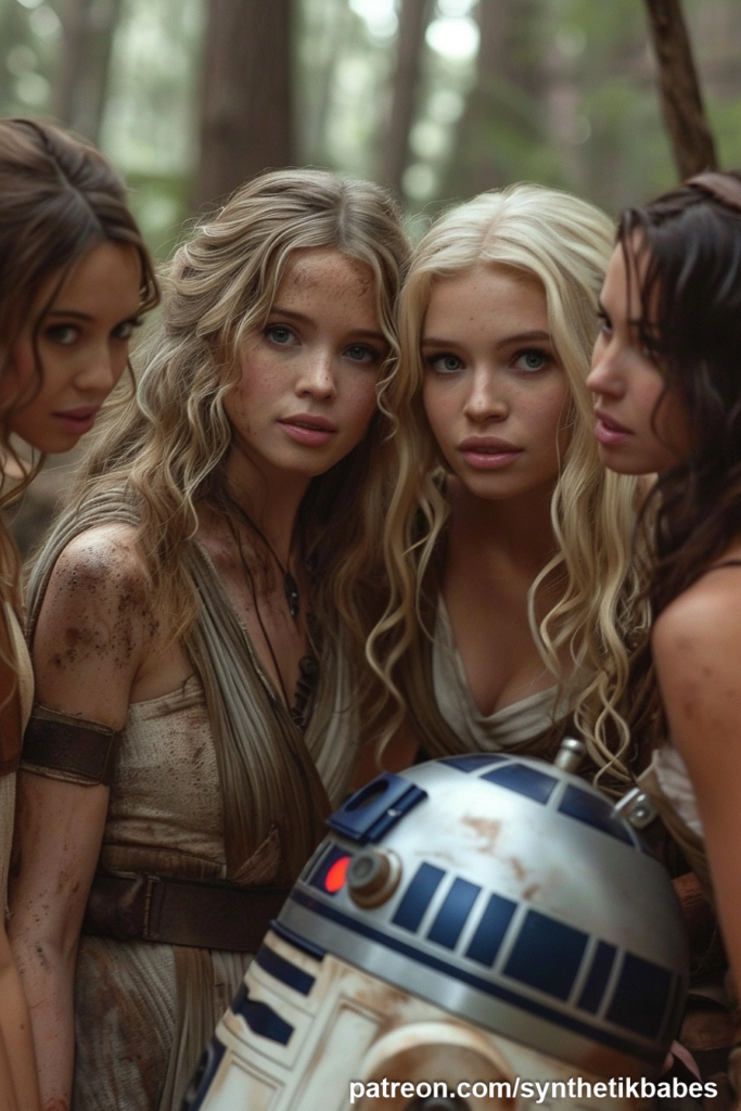 Group of women dressed in vintage fashion with a retro robot in the background.