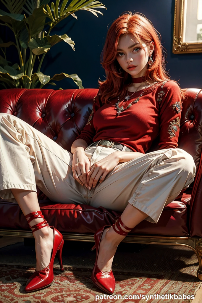 Redhead model relaxing on a red leather sofa in a digital art gallery.