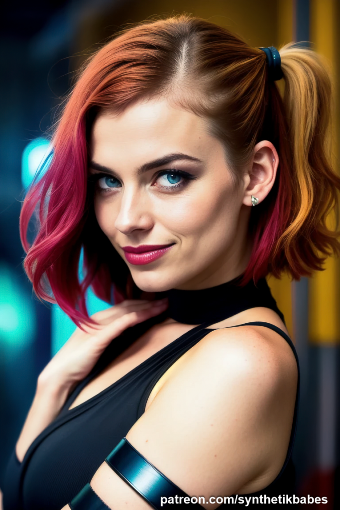Harley Quinn cosplayer in full costume, captured in dynamic lighting.