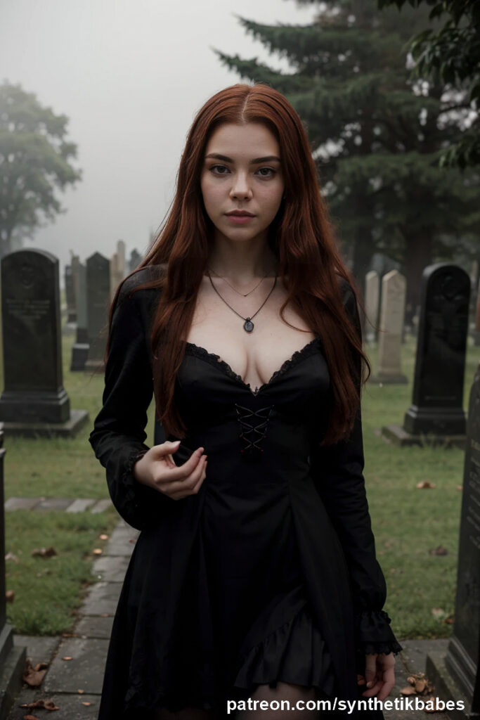 Striking redhead model in a gothic-themed cemetery photoshoot, showcasing dark elegance.