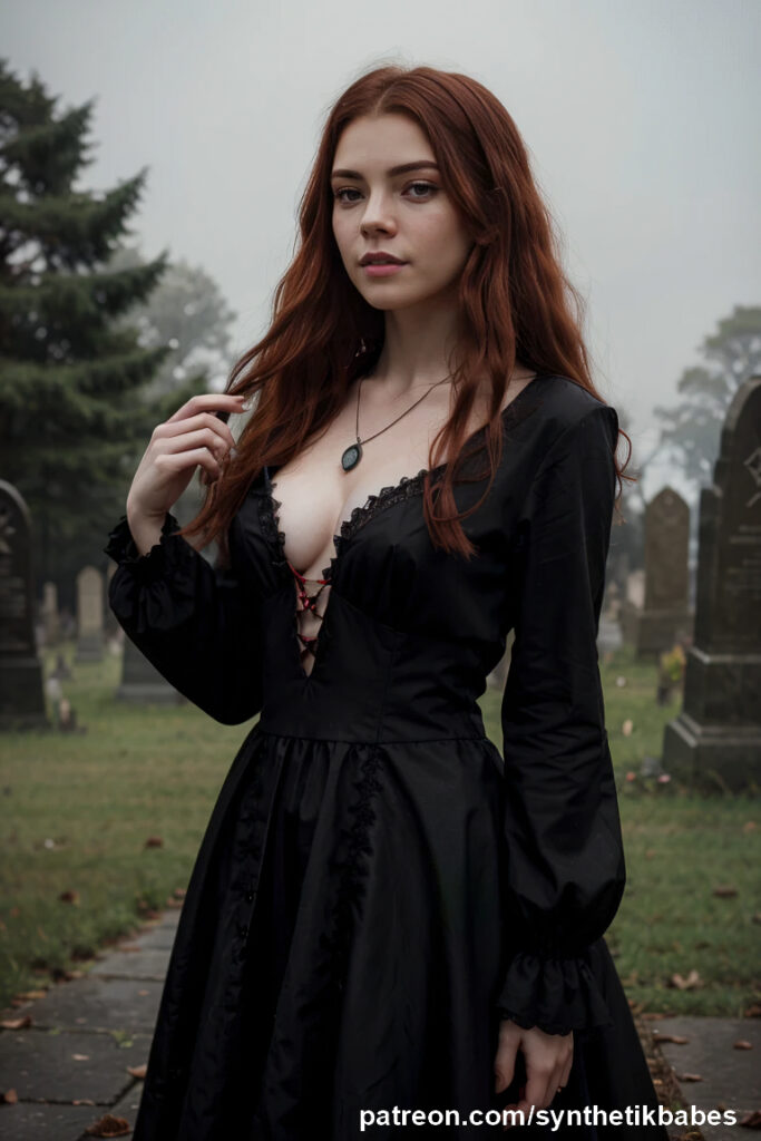 Redhead gothic model in a cemetery, embodying ethereal beauty and gothic charm.
