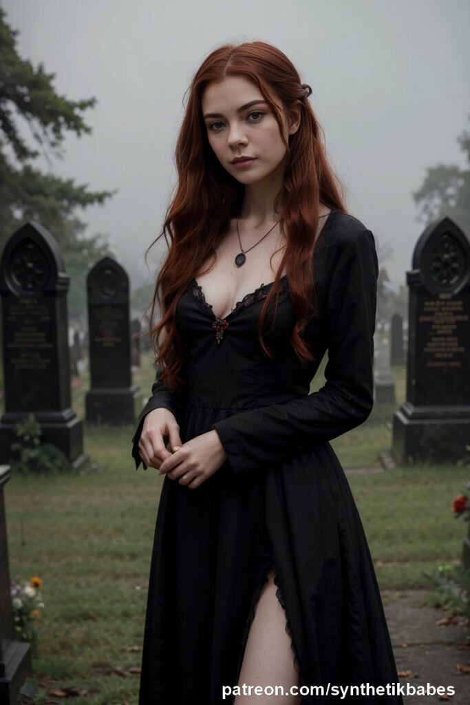 Redhead model in a cemetery photoshoot, highlighting gothic beauty and allure.
