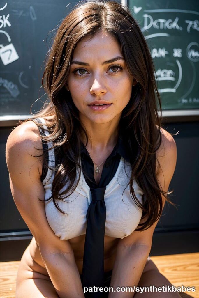 MILF model posing in a chemistry classroom, blending sophistication and academic beauty.