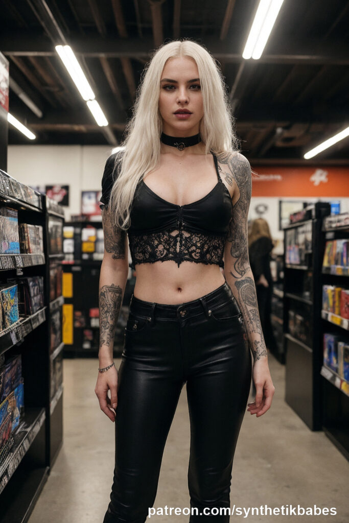 Beautiful blonde gothic model in a game shop, highlighting her unique style and elegance.