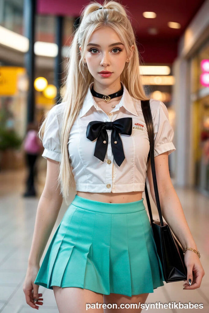 Cosplay photoshoot featuring a schoolgirl model in a retail environment.