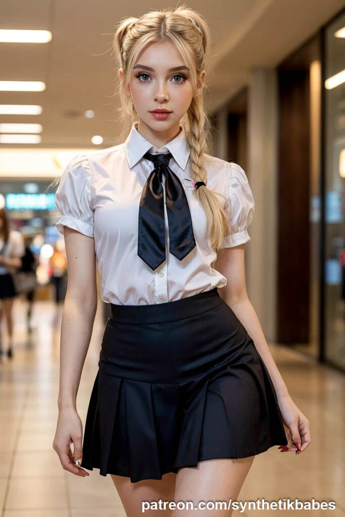 Model in schoolgirl attire with shopping bags, adding a fun twist.