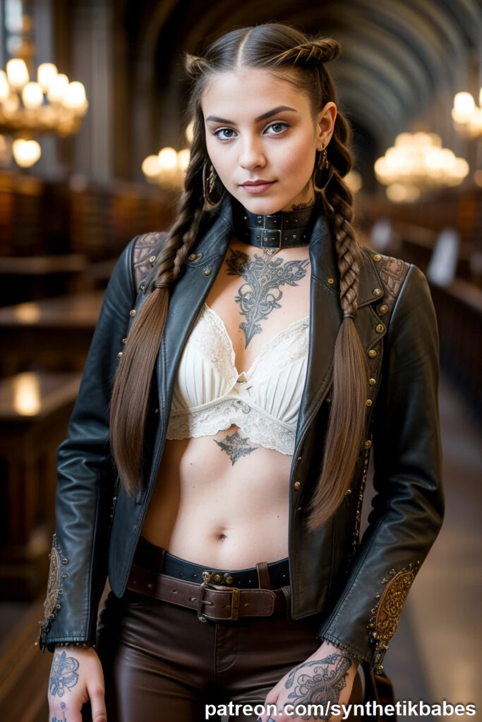 Steampunk model posing confidently in a library setting, highlighting the elegance of Victorian fashion.