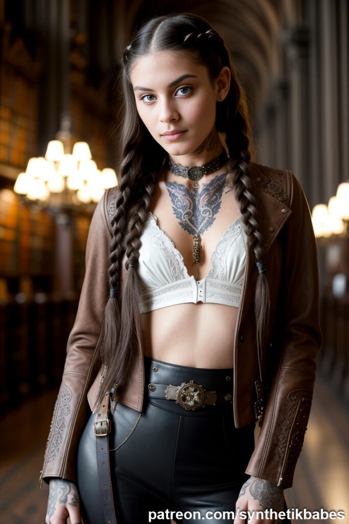 Model in a library-themed photoshoot, highlighting the elegance and charm of steampunk fashion in a Victorian setting.