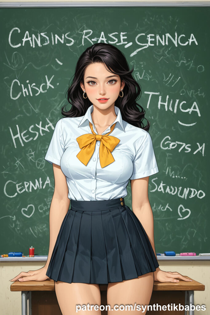 Model posing confidently in a classroom, embodying college vibes.