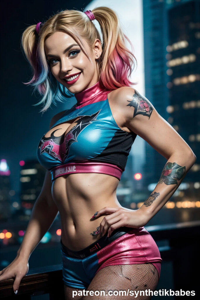 Harley Quinn cosplayer posing with a mischievous smile and colorful makeup.