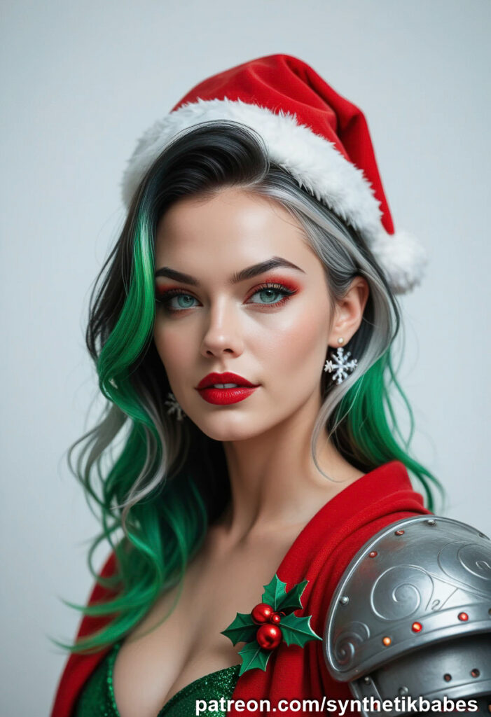 a dazzling holiday gallery featuring a model with vibrant green hair adorned in festive Christmas decorations.