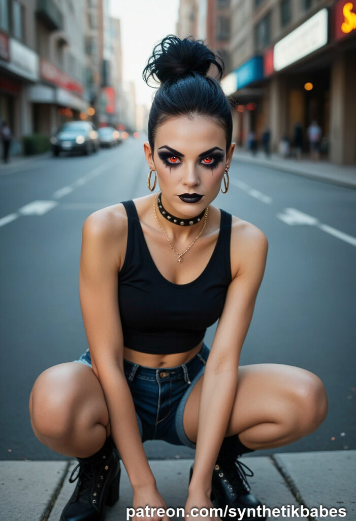 Fiery glow highlighting a group of punk models in edgy outfits.