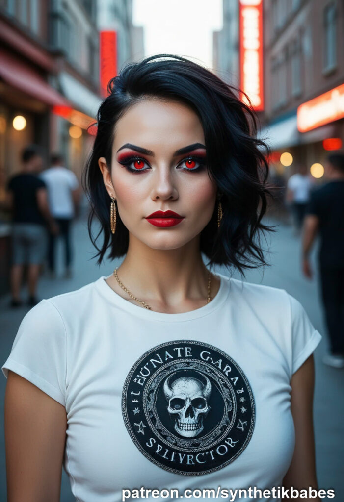 Punk rock model with fiery red hair posing in an urban alley.