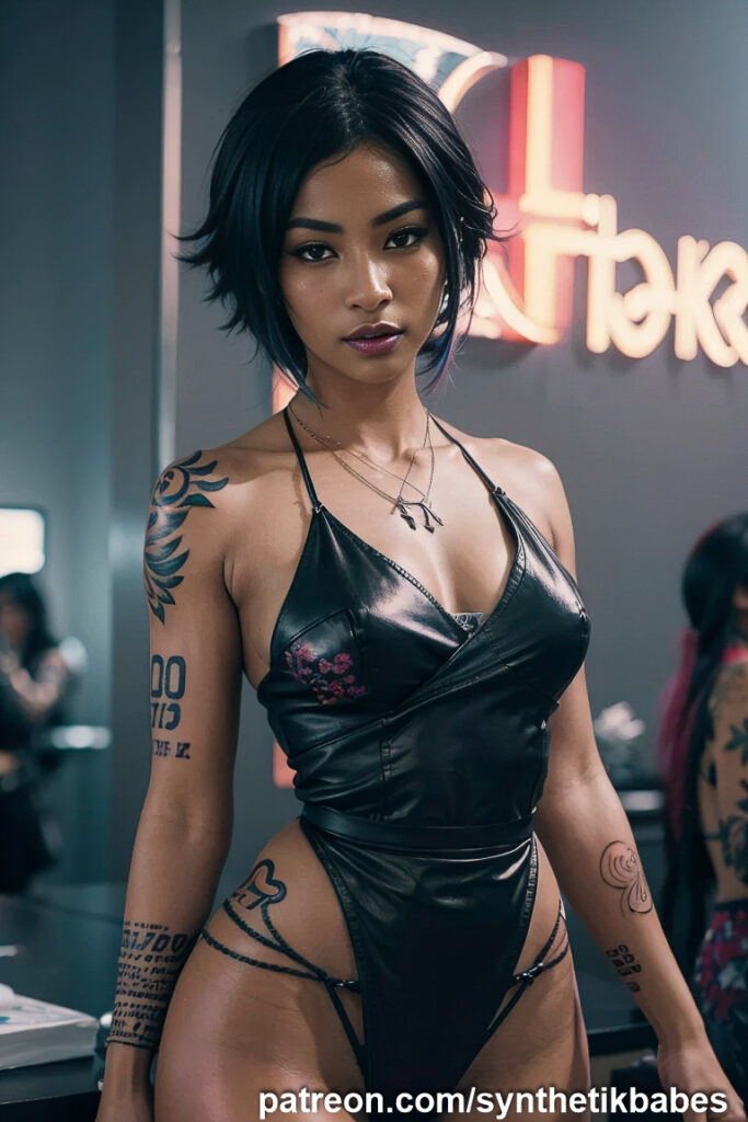 Model leaning against a graffiti-covered wall, showcasing back tattoos.