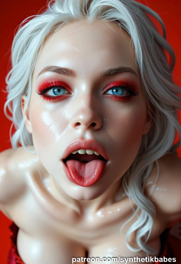 a striking gallery featuring a snake-inspired demoness with white hair, fangs, and a fiery red passion aesthetic.