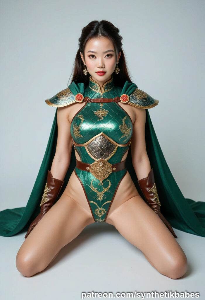 a gallery featuring a Chinese warrior model in green and red tones, inspired by the elegance of ancient China.