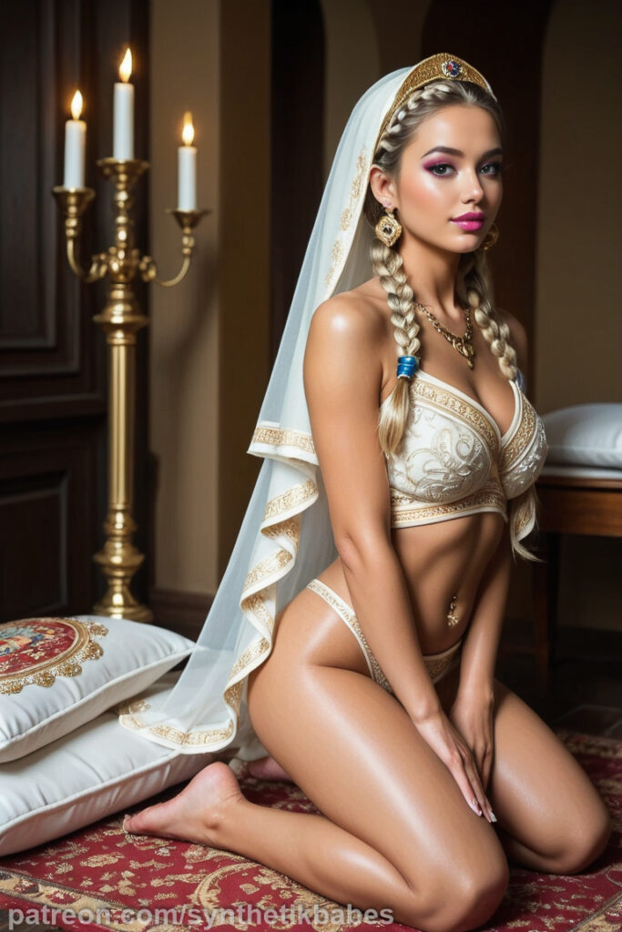 Sultan’s Bloom I. A royal muse blossoms in silk and gold within the Sultan’s harem, radiating quiet beauty and graceful sensuality.