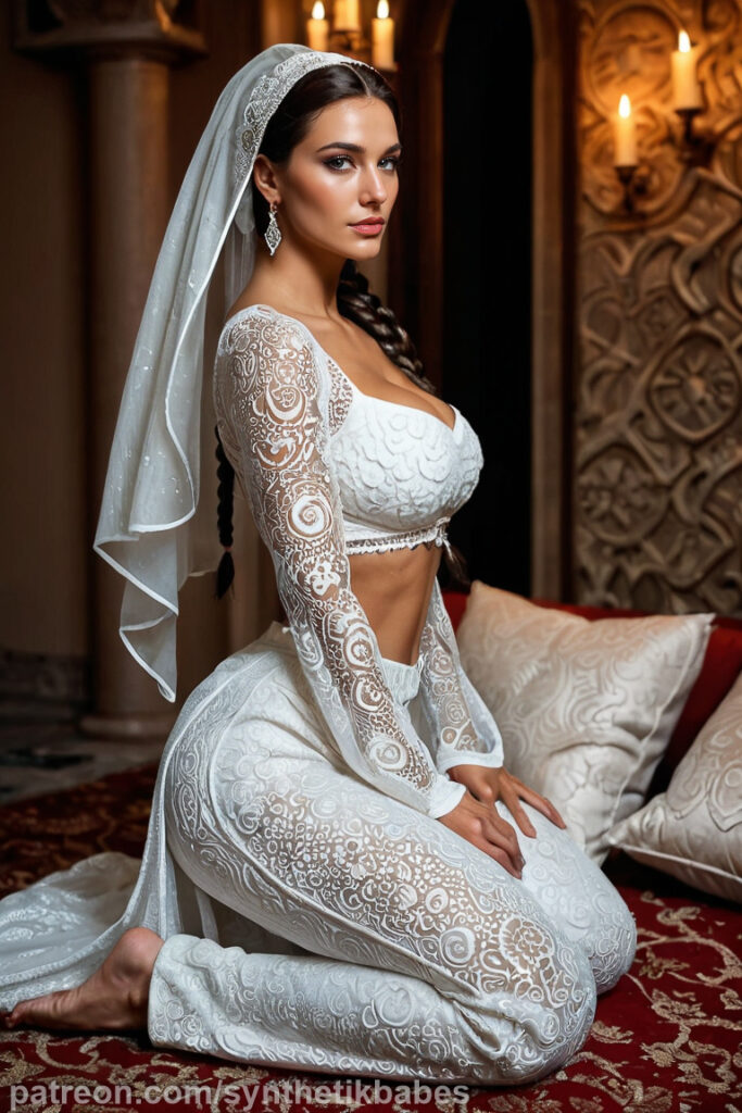 Sultan’s Bloom II. A royal muse blossoms in silk and gold within the Sultan’s harem, radiating quiet beauty and graceful sensuality.