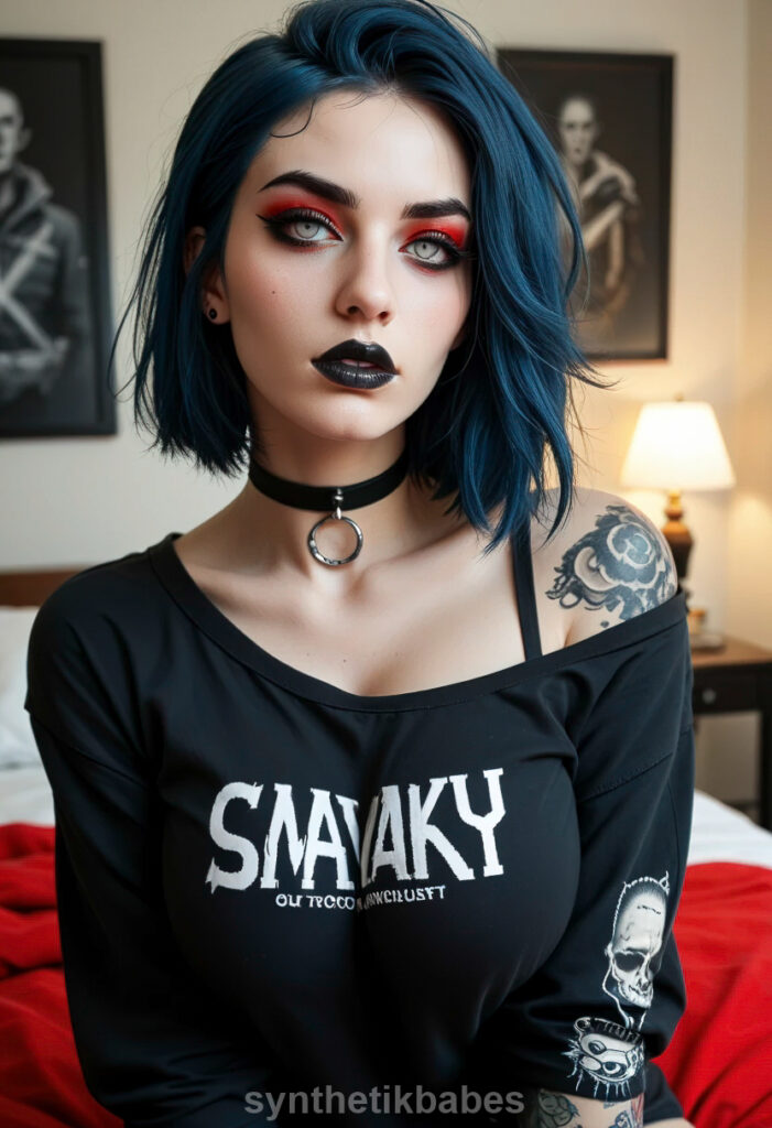 A gothic photo series featuring a pale blue-haired model with tattoos, exploring beauty, mystery, and darkness in an intimate setting.